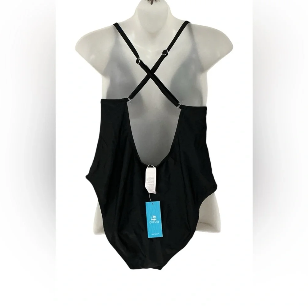 Black One Piece Bathing Suit Deep V Neck Crisscross Back